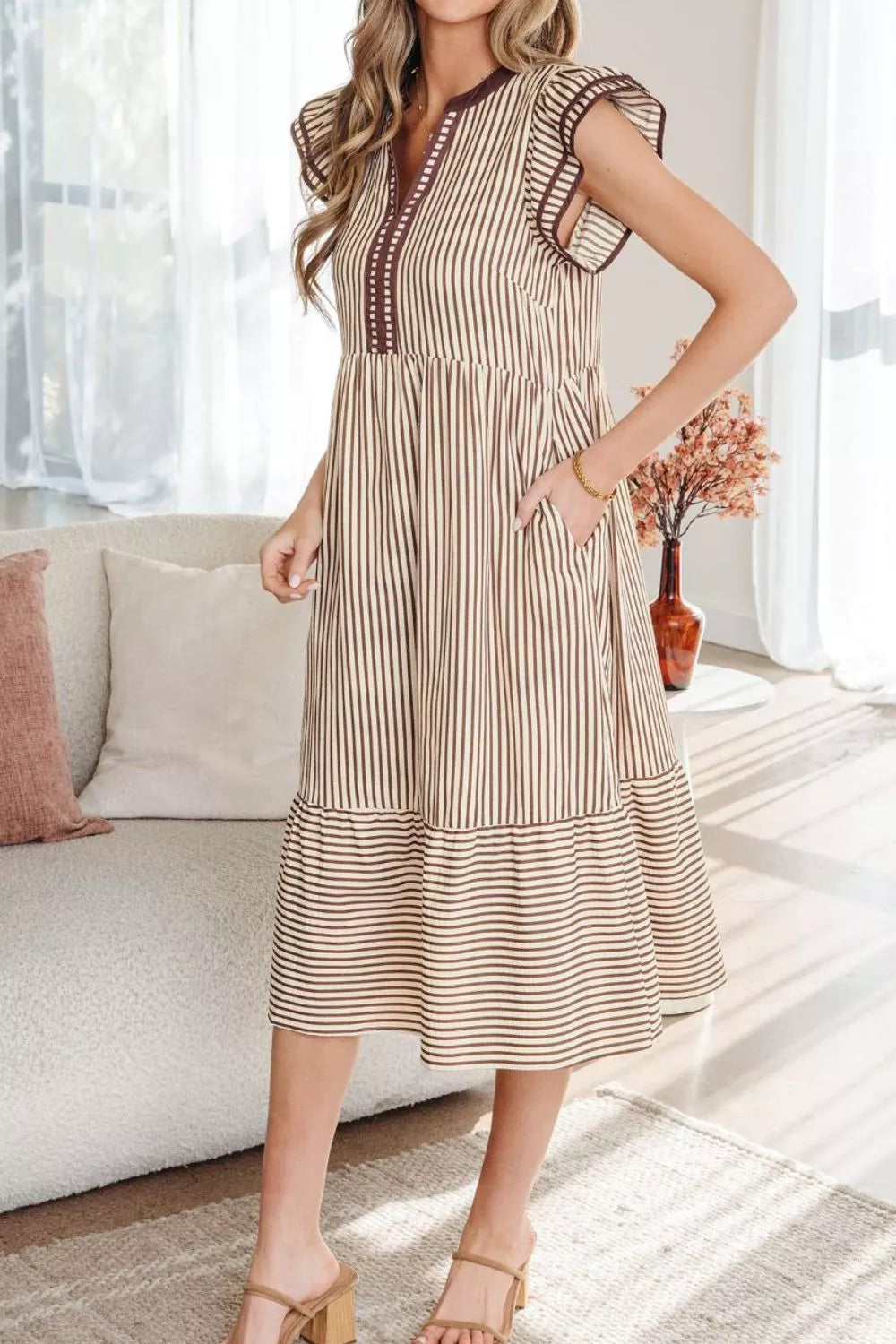 Hazel Blues® | Stripe Slit V Neck Tiered Flutter Sleeve Dress