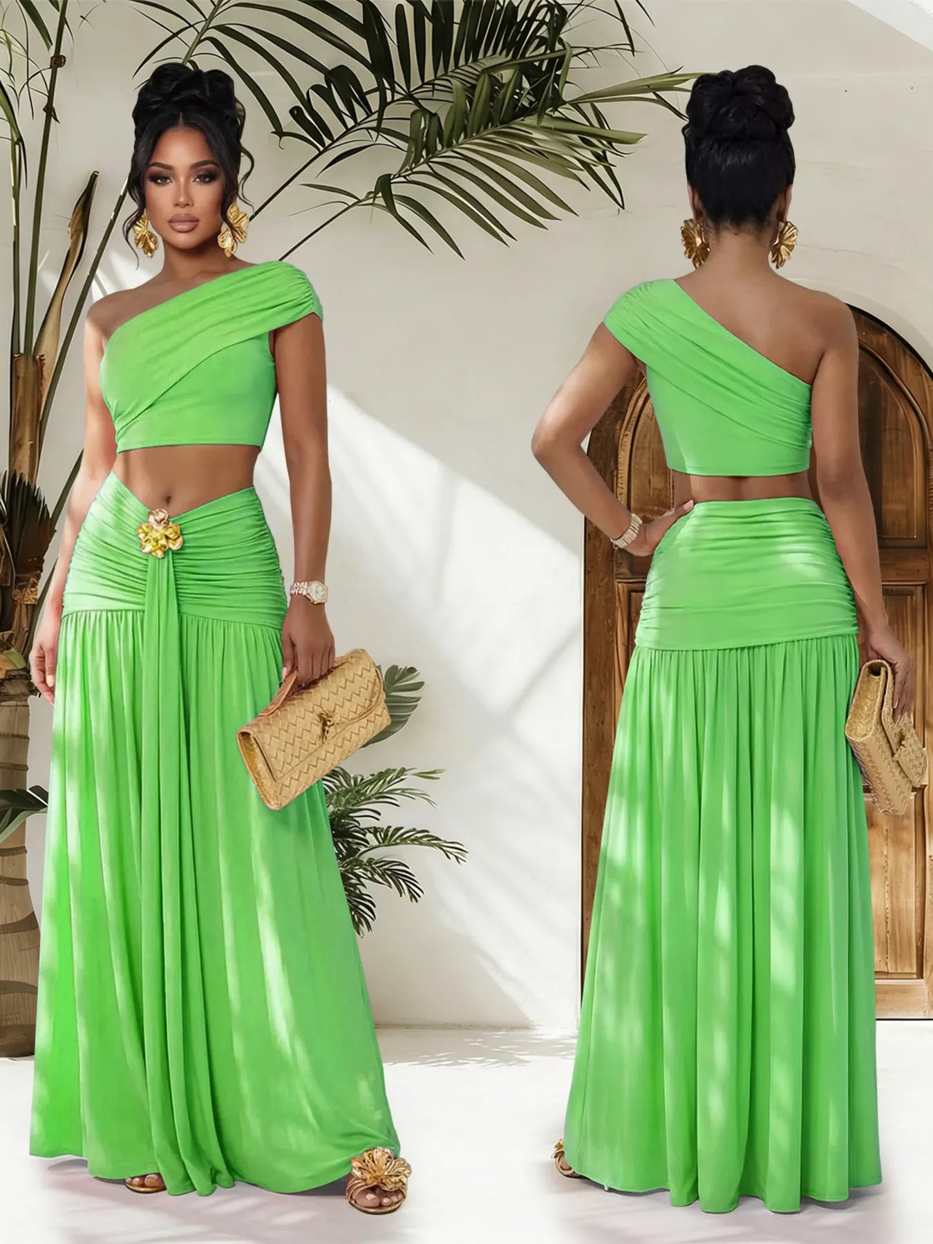 Hazel Blues® |  One-Shoulder Top and Ruched Maxi Skirt Set