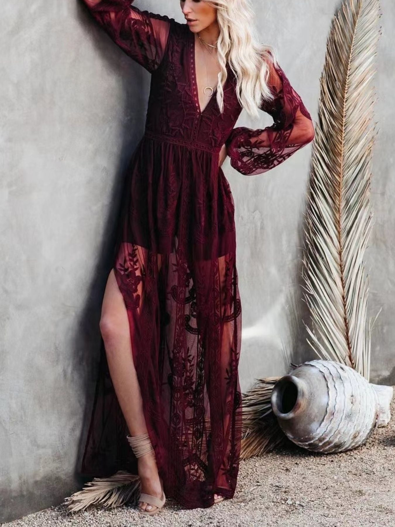 Hazel Blues® |  Floral Lace Slit Maxi Dress