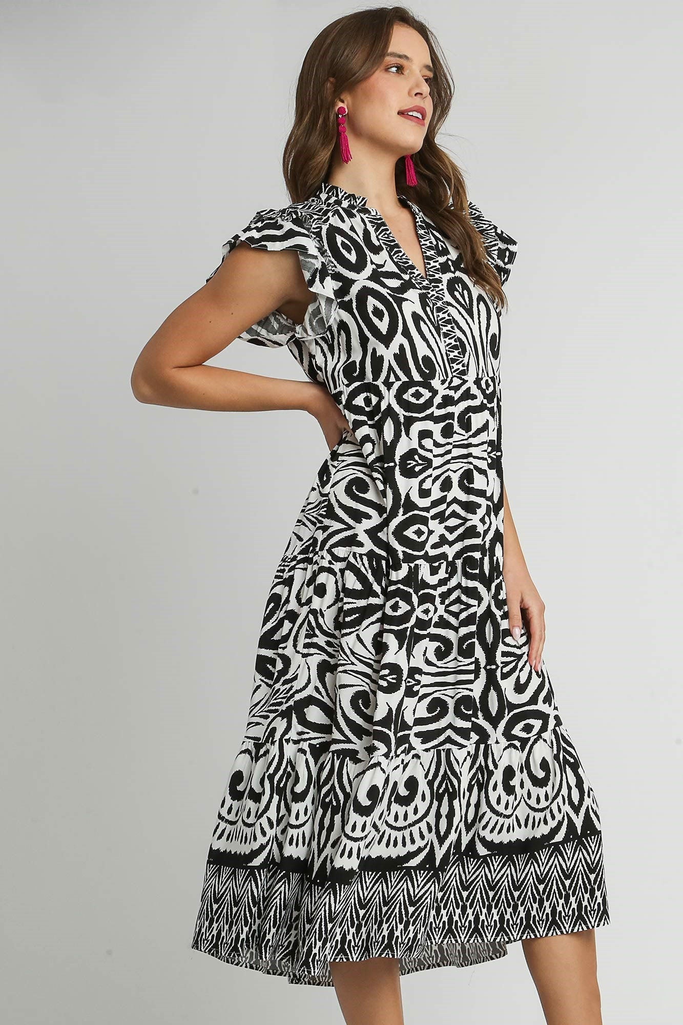 Hazel Blues® | Umgee Two Tone Border Print Ruffle Cap Sleeve Midi Dress