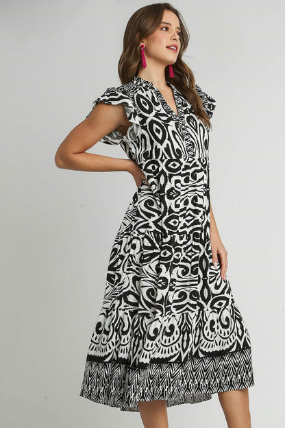 Hazel Blues® | Umgee Two Tone Border Print Ruffle Cap Sleeve Midi Dress