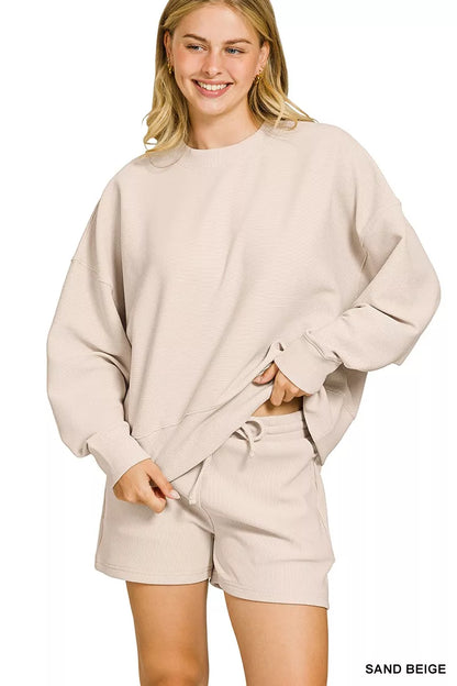Hazel Blues® |  Zenana Ribbed Round Neck Pullover and Shorts Set