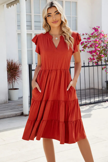 Hazel Blues® |  Ruched Notched Cap Sleeve Dress
