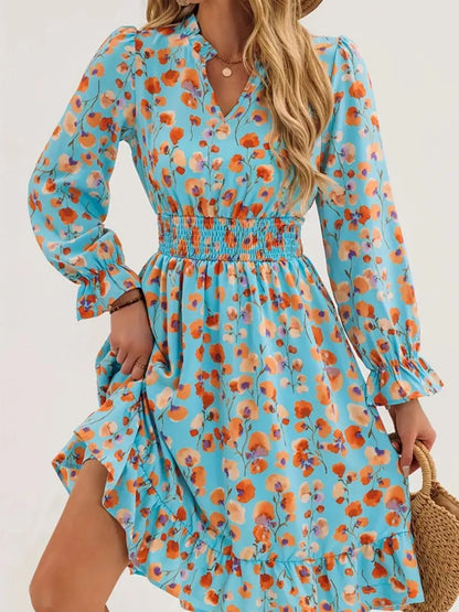 Hazel Blues® |  Floral Notched Flounce Sleeve Dress