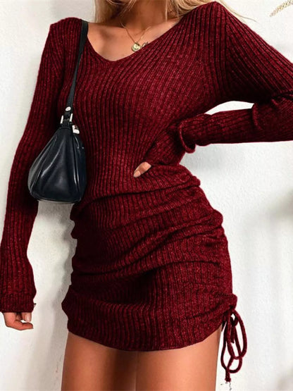 Hazel Blues® | Ribbed Knit Drawstring Bodycon Sweater Dress
