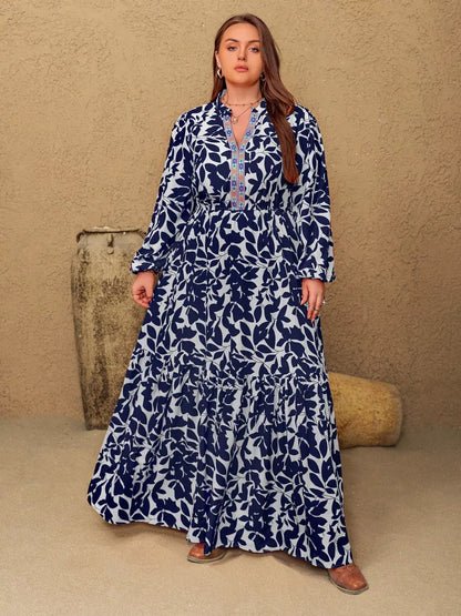 Hazel Blues® | Floral Print Notched Long Sleeve Maxi Dress