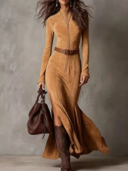 Hazel Blues® | Zipper Front Long Sleeve Slit Maxi Dress