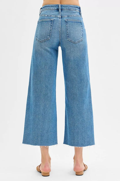 Hazel Blues® |  RISEN Tummy Control Mid Rise Crop Wide Front Slit Jeans