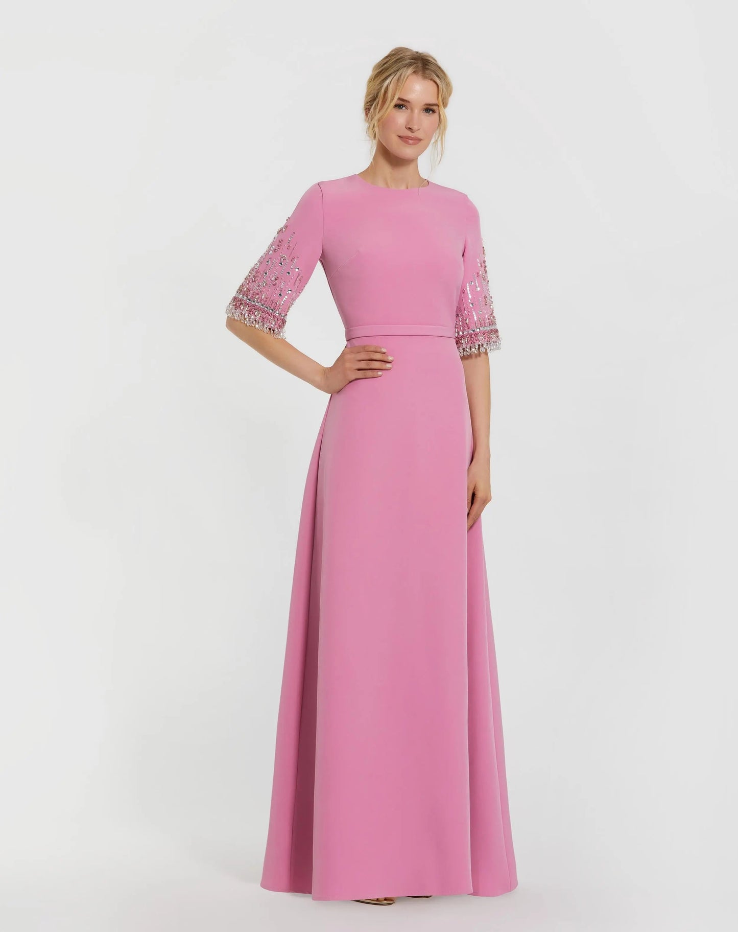 Pink Crepe A Line Gown With Beaded 3/4 Sleeves