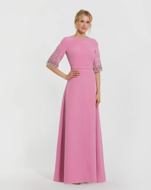 Pink Crepe A Line Gown With Beaded 3/4 Sleeves