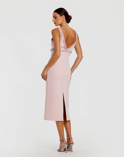 Pink Crepe Fitted Midi Dress With Bow And Beaded Trim