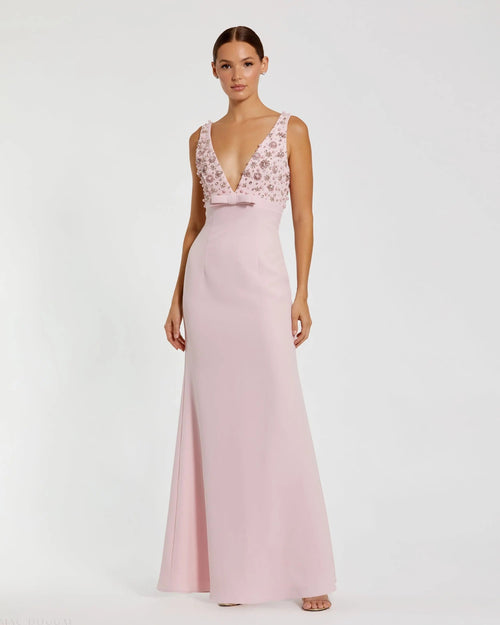 Pink Sleeveless Embellished Crepe Gown With Bow