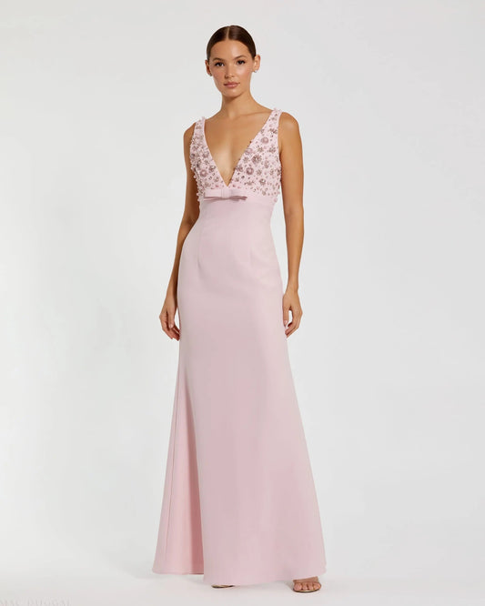 Pink Sleeveless Embellished Crepe Gown With Bow