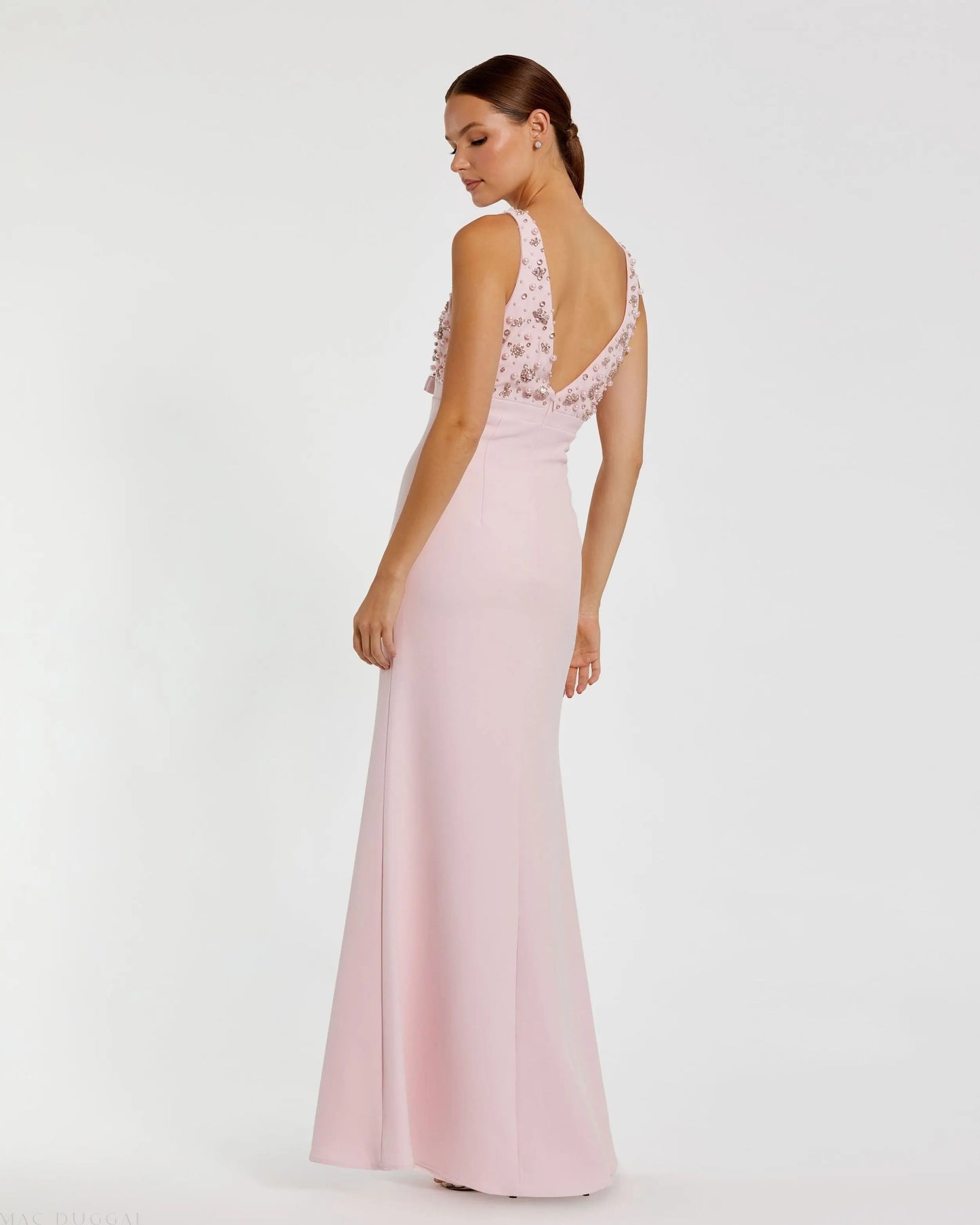 Pink Sleeveless Embellished Crepe Gown With Bow