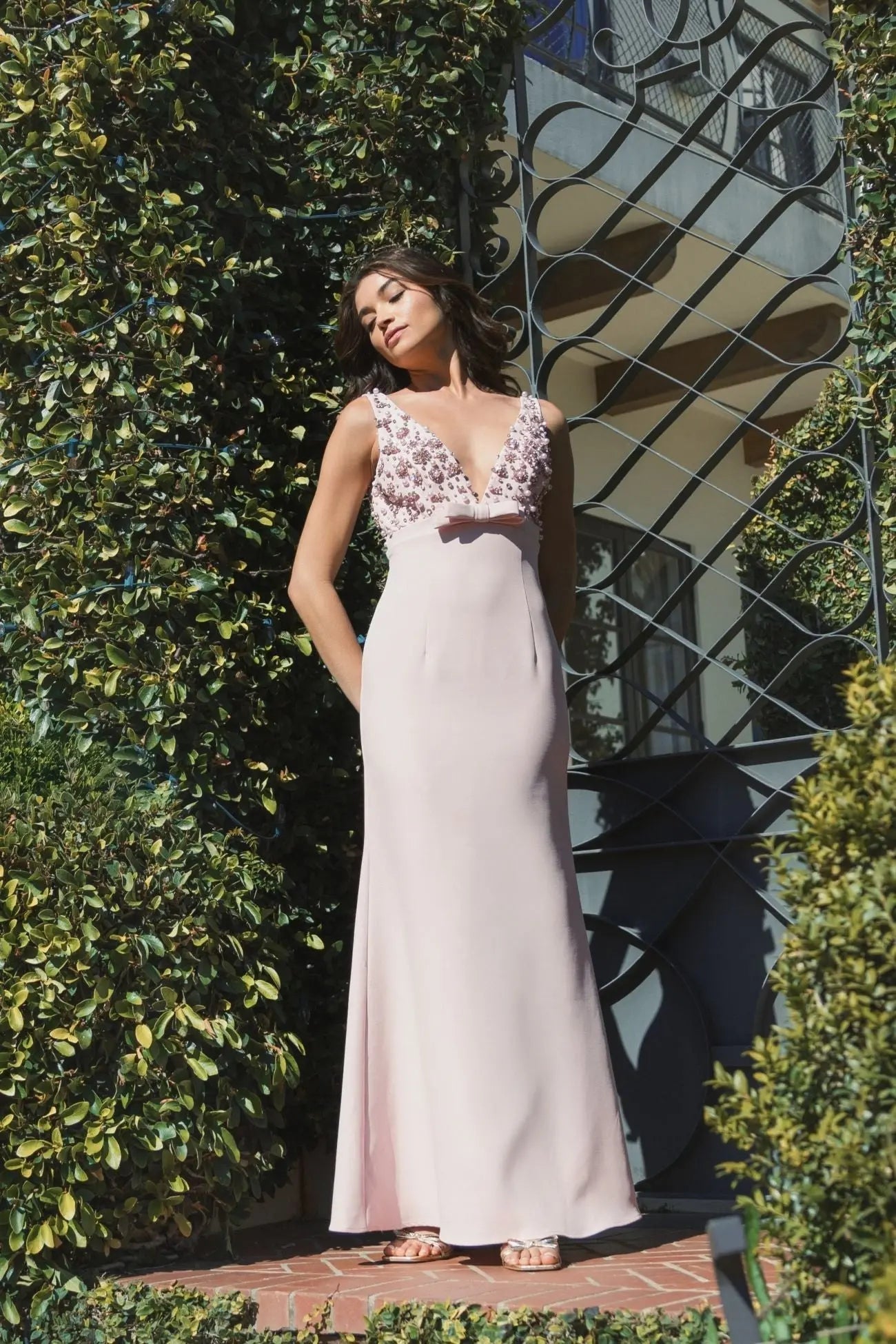 Pink Sleeveless Embellished Crepe Gown With Bow