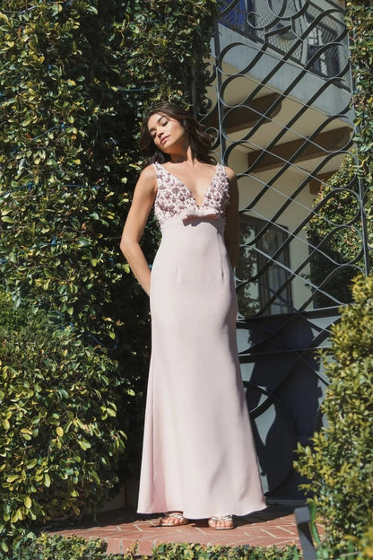 Pink Sleeveless Embellished Crepe Gown With Bow