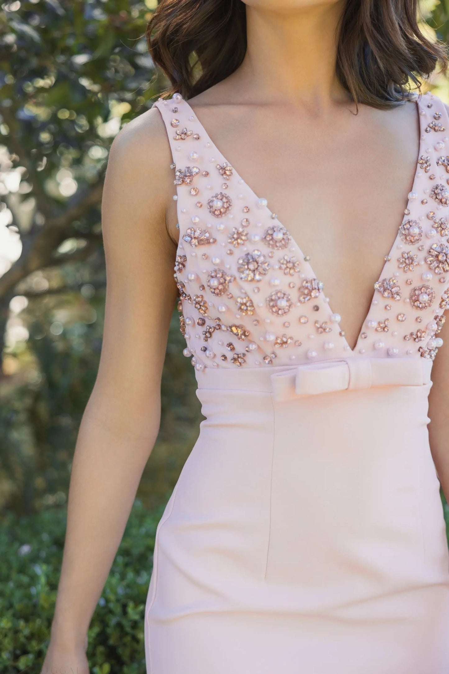 Pink Sleeveless Embellished Crepe Gown With Bow