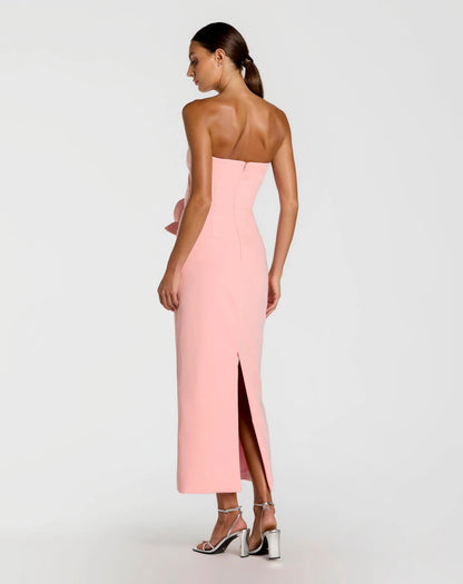 Pink Strapless Crepe Dress With 3D Satin Flowers
