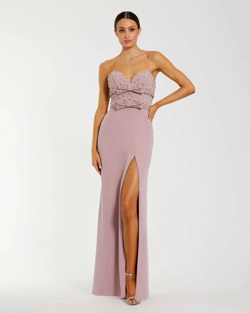 Pink Strapless Rhinestone Bodice Crepe Gown