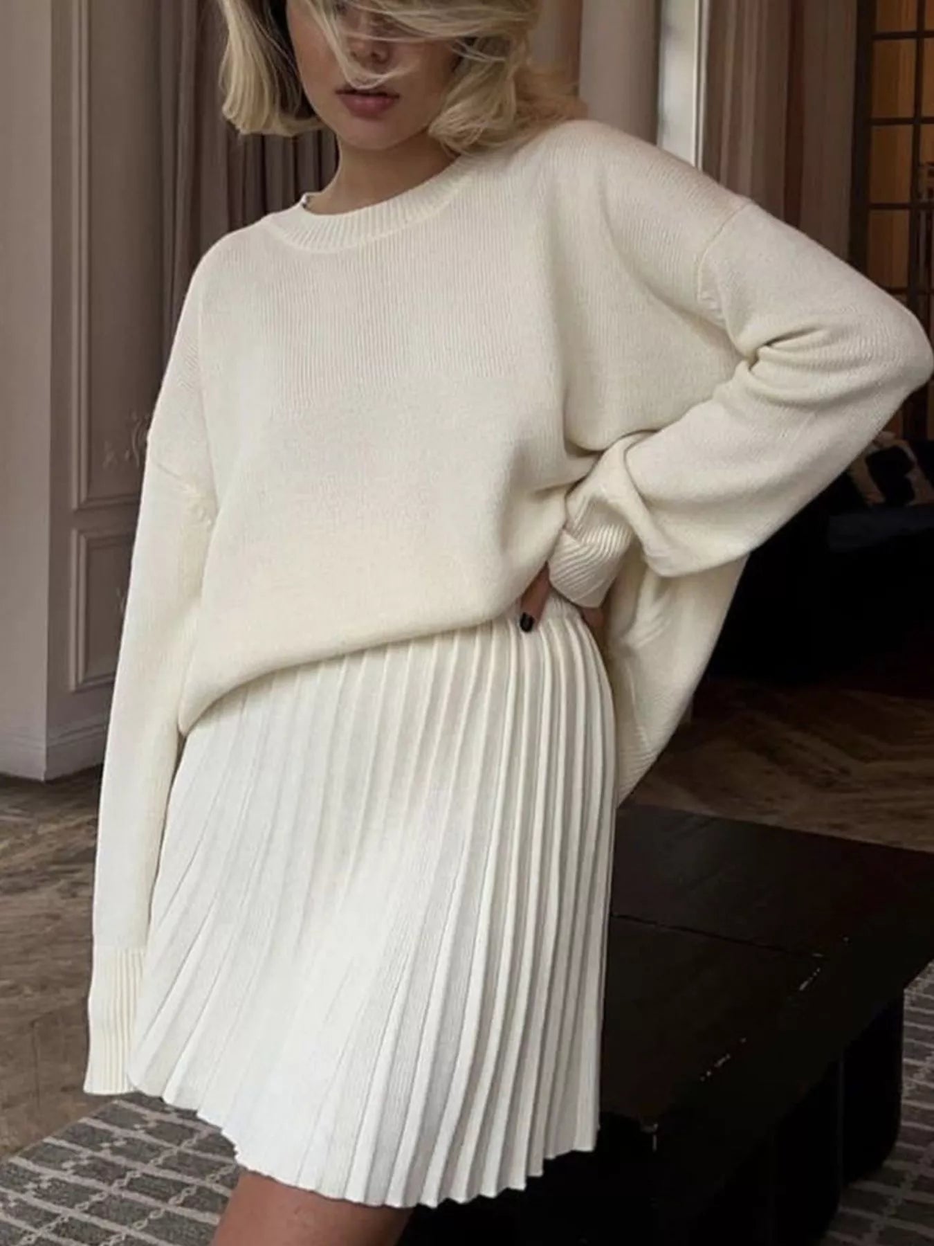 Hazel Blues® |  Round Neck Top and Pleated Skirt Sweater Set