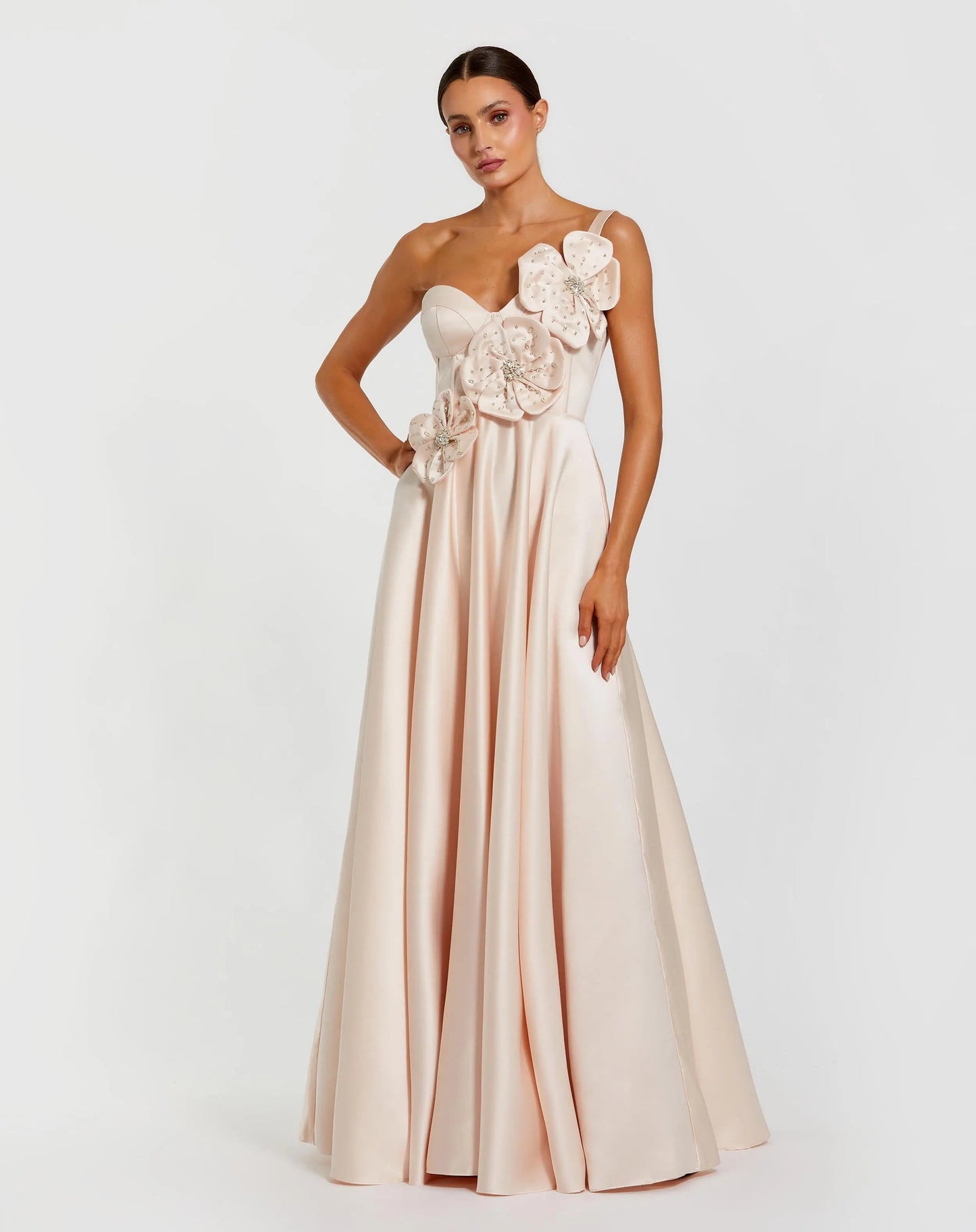 Pink Satin Corset Gown With 3D Flowers
