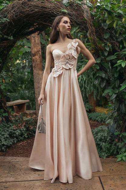 Pink Satin Corset Gown With 3D Flowers