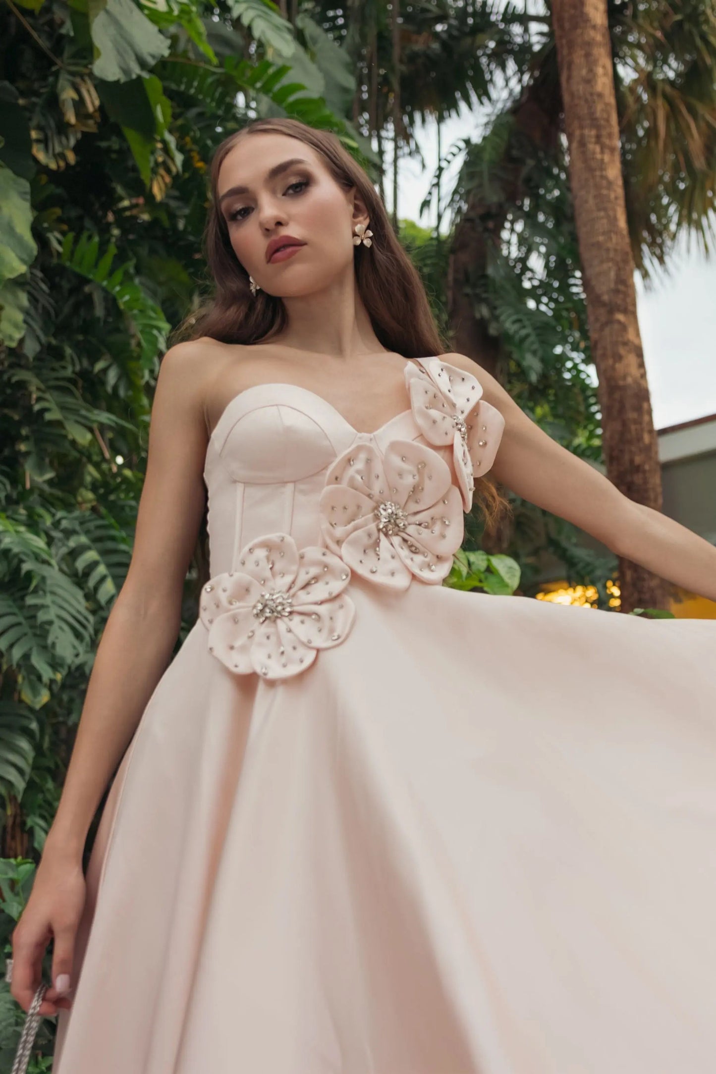 Pink Satin Corset Gown With 3D Flowers