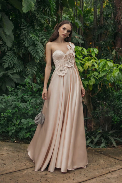Pink Satin Corset Gown With 3D Flowers