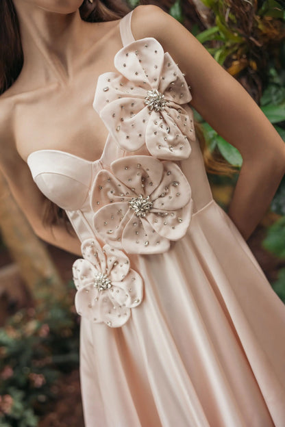Pink Satin Corset Gown With 3D Flowers