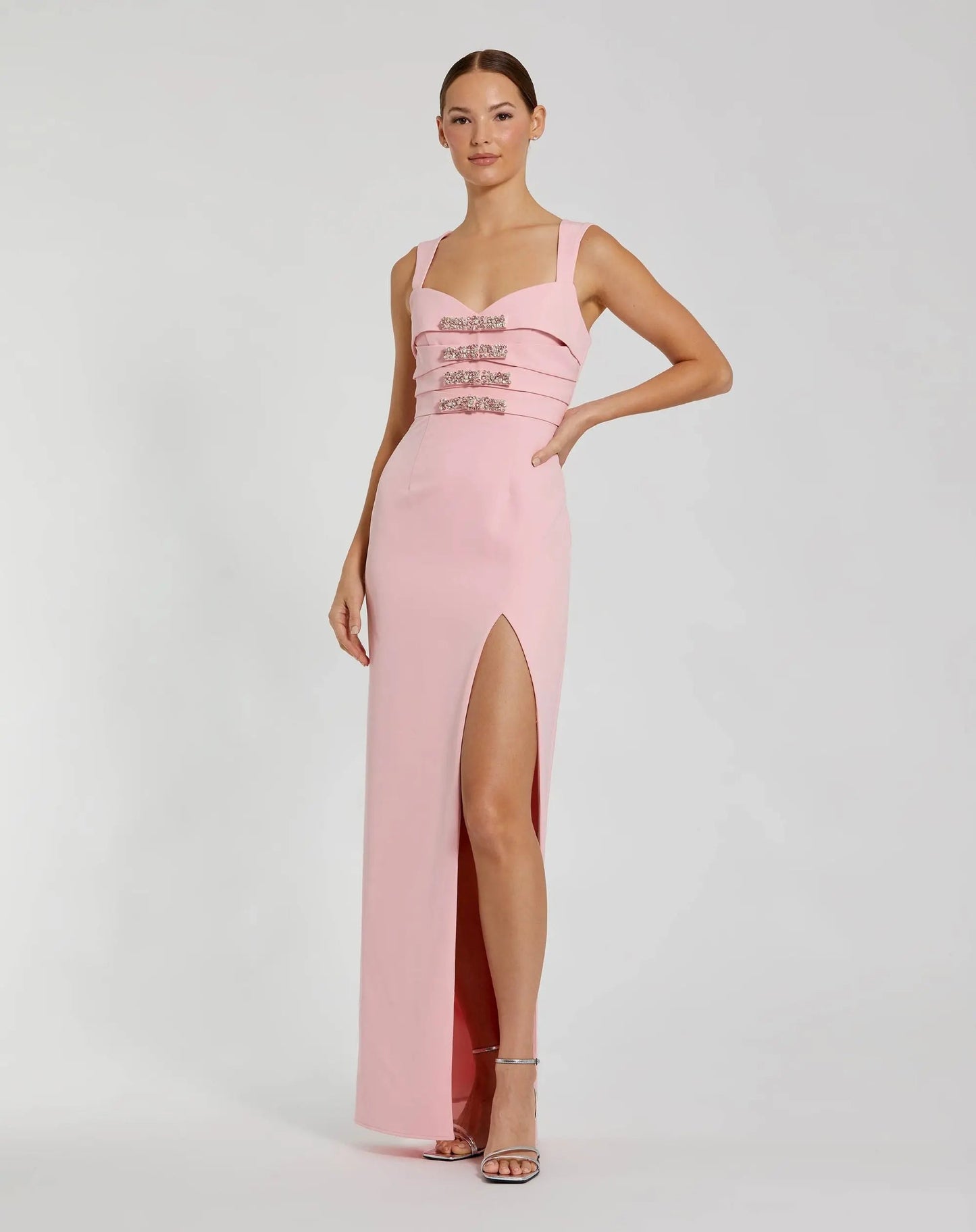 Pink Sleeveless Crepe Gown With Embellished Bows