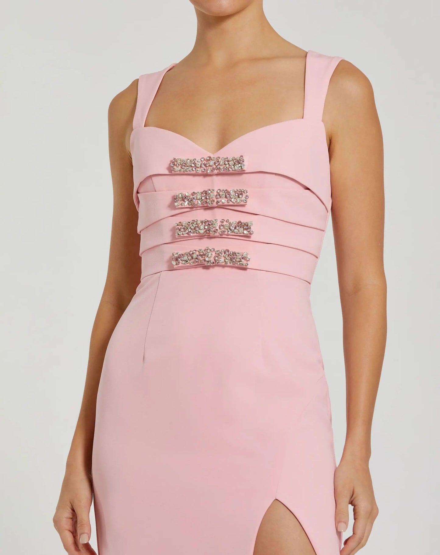 Pink Sleeveless Crepe Gown With Embellished Bows