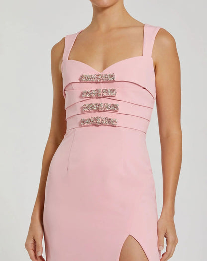 Pink Sleeveless Crepe Gown With Embellished Bows