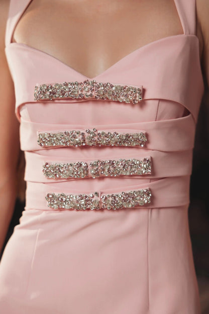 Pink Sleeveless Crepe Gown With Embellished Bows