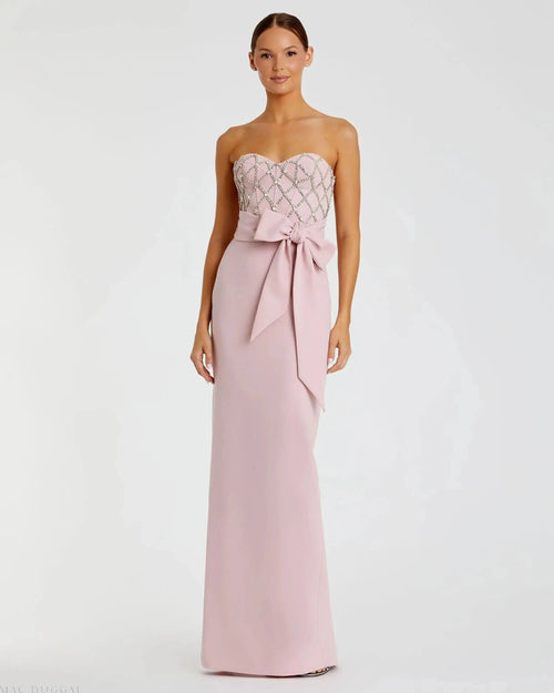 Pink Strapless Embellished Crepe Gown With Bow