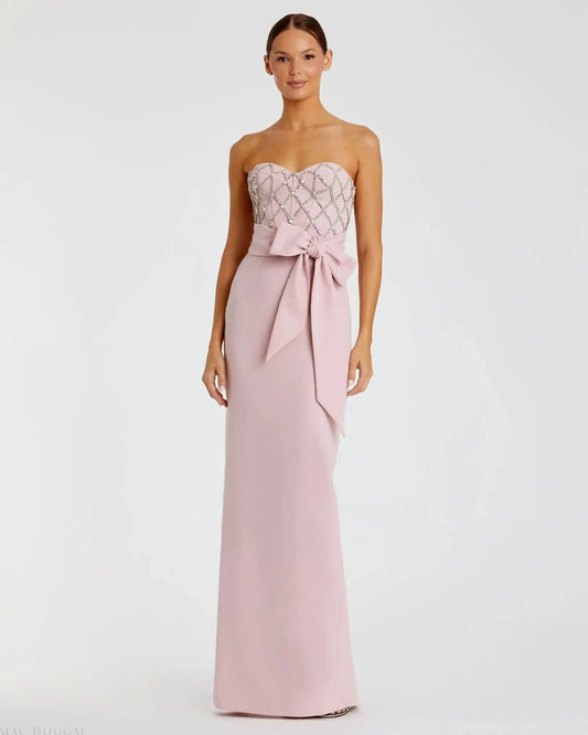 Pink Strapless Embellished Crepe Gown With Bow