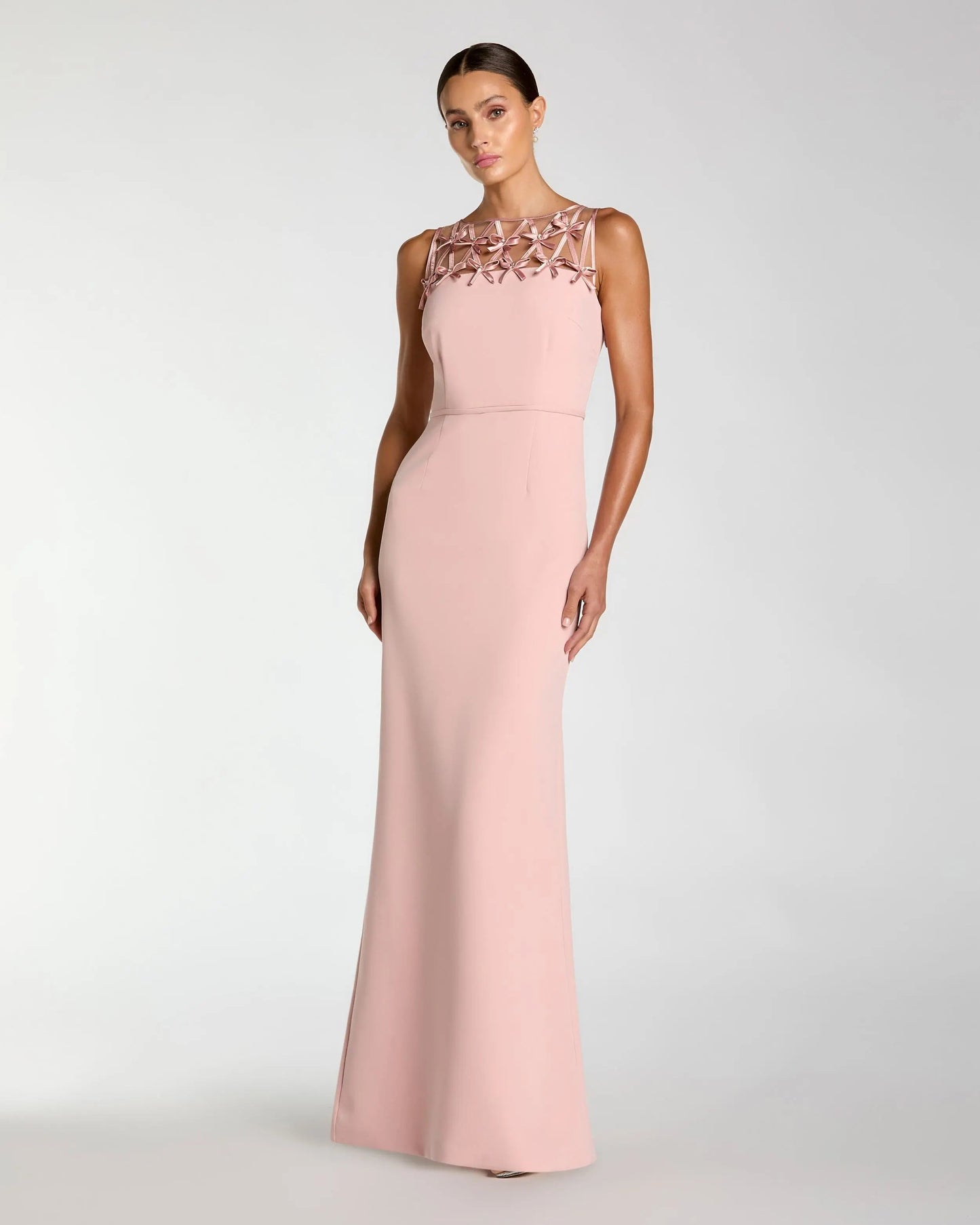 Pink Sleeveless Crepe Gown With Embellished Bows