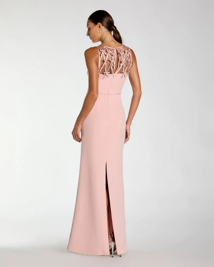 Pink Sleeveless Crepe Gown With Embellished Bows