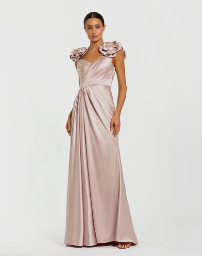 Pink Faux Wrap Satin Gown With 3D Flower Straps