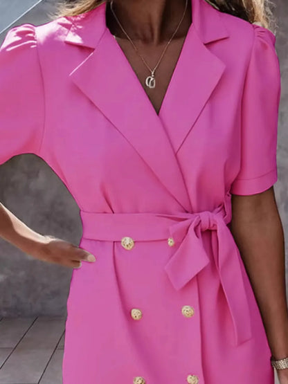 Hazel Blues® |  Lapel Collar Short Sleeve Tie Waist Mini Dress