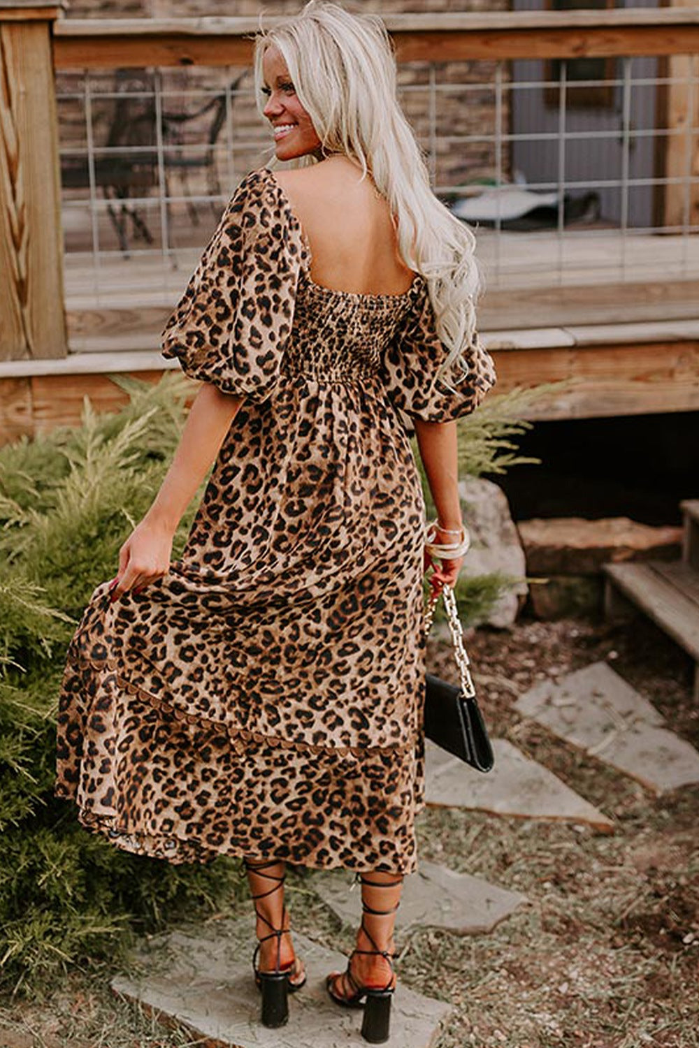 Hazel Blues® |  Leopard Square Neck Puff Sleeve Maxi Dress