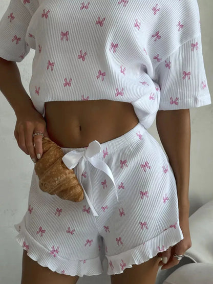 Hazel Blues® |  Ribbed Knit Bow Print Top and Shorts Lounge Set
