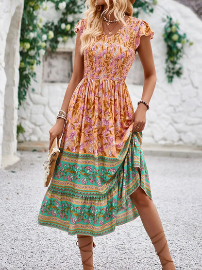Hazel Blues® |  Printed Round Neck Cap Sleeve Dress