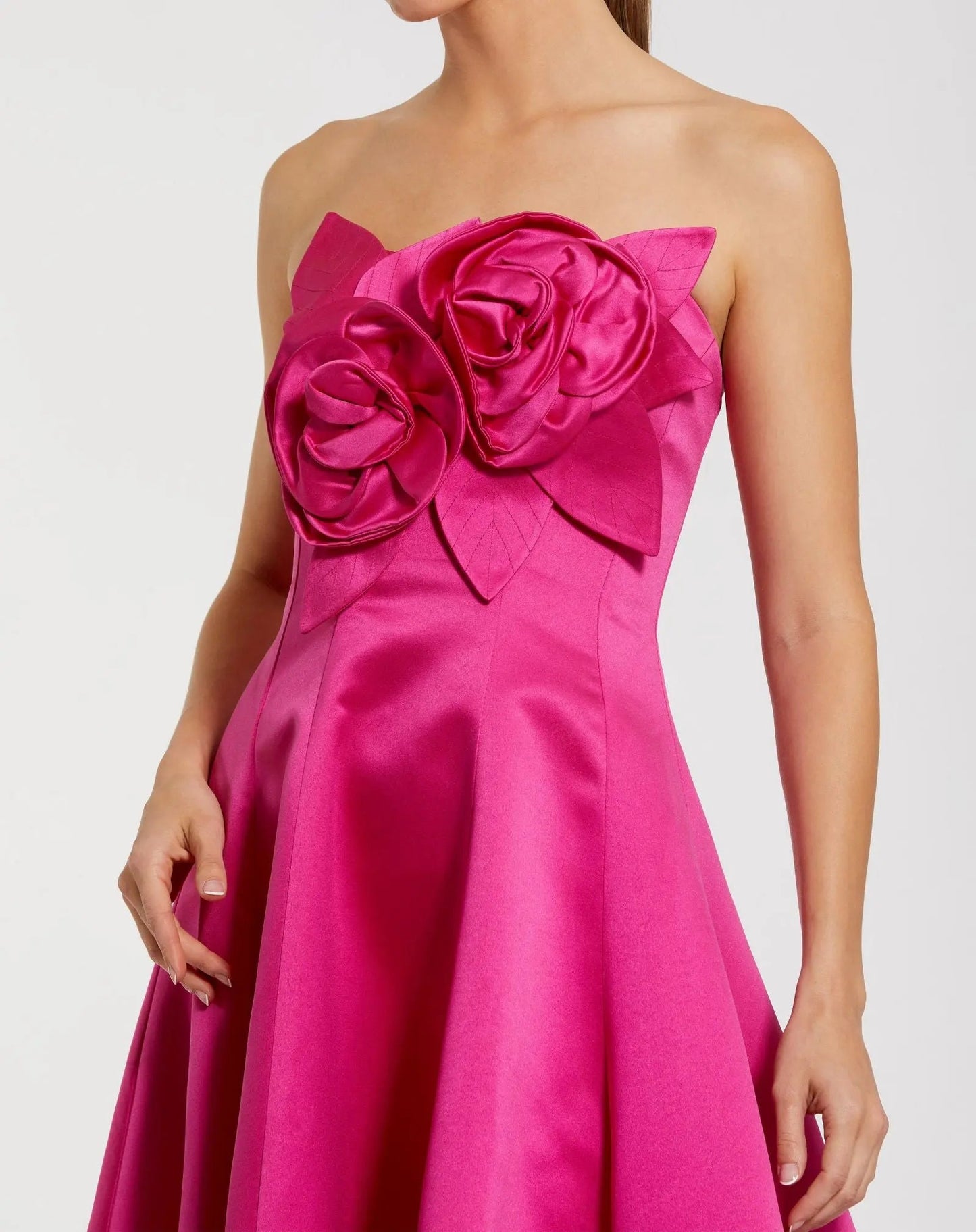 Pink Strapless Satin High Low Gown With 3D Flowers