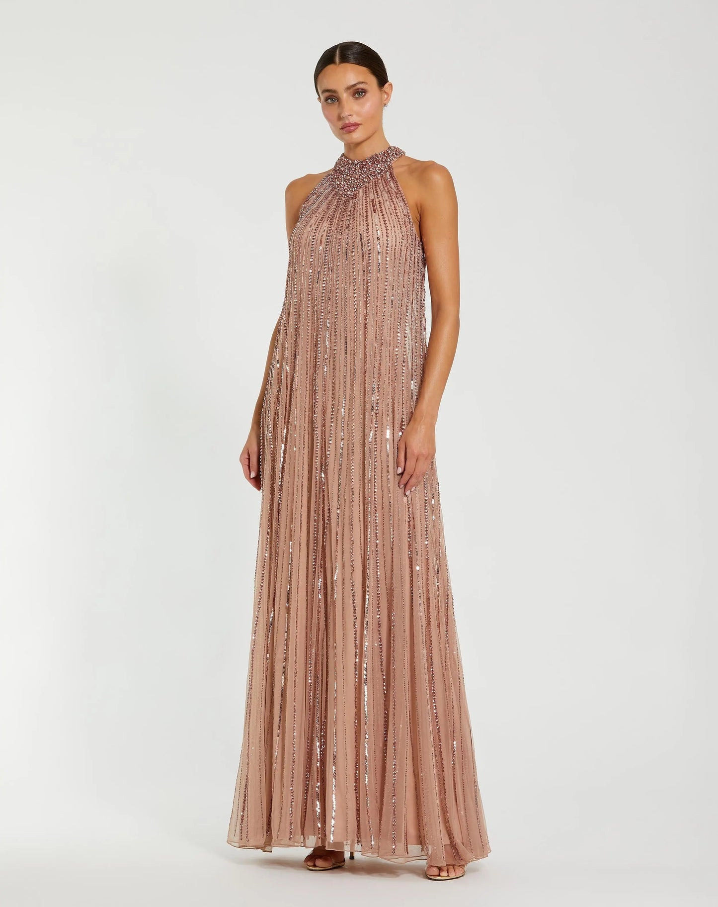 Pink Sleeveless Halter Embellished Trapeze Gown