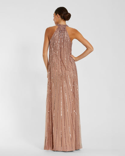 Pink Sleeveless Halter Embellished Trapeze Gown