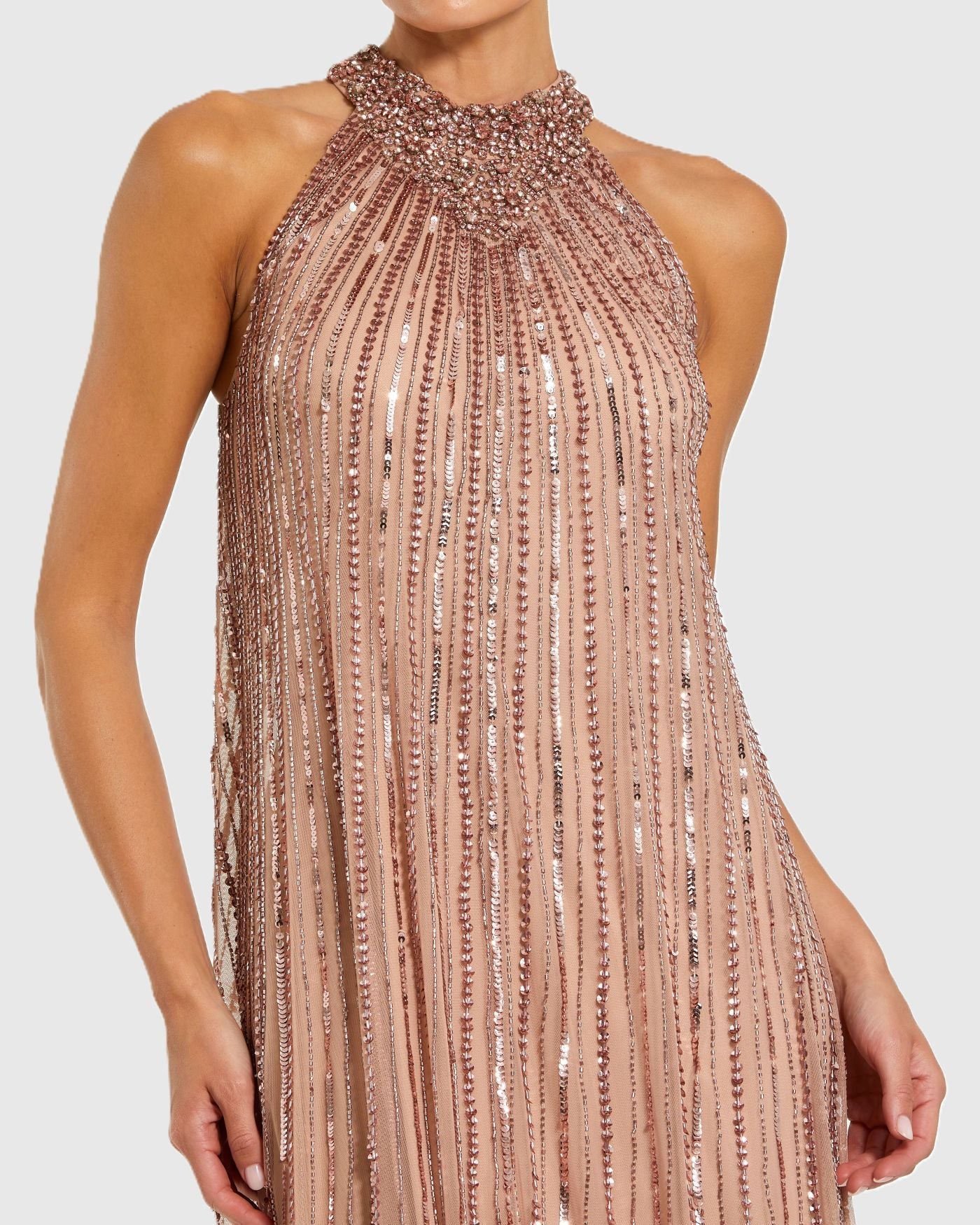 Pink Sleeveless Halter Embellished Trapeze Gown