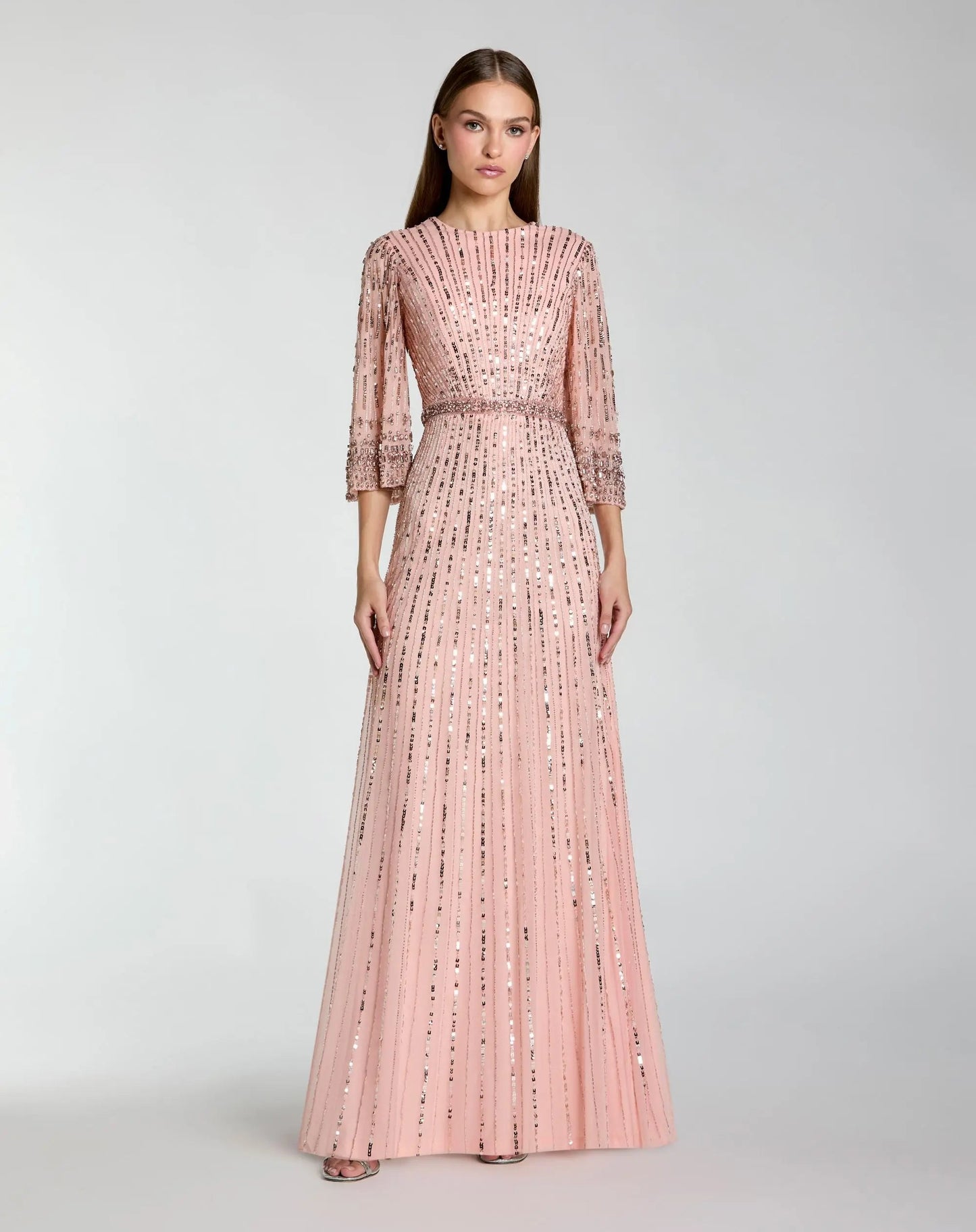 Pink High Neck Embellished Gown With 3/4 Sleeves
