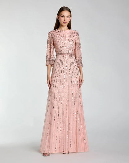 Pink High Neck Embellished Gown With 3/4 Sleeves