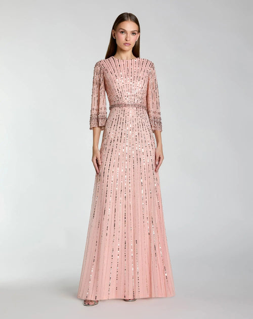 Pink High Neck Embellished Gown With 3/4 Sleeves