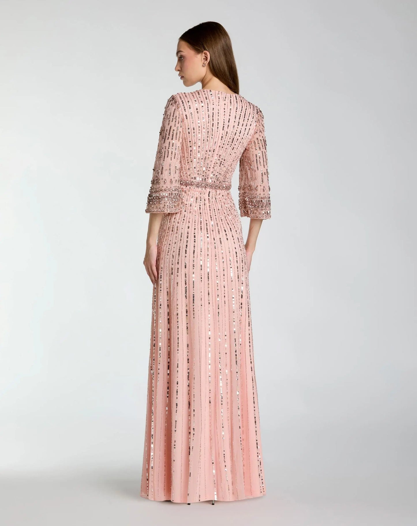 Pink High Neck Embellished Gown With 3/4 Sleeves